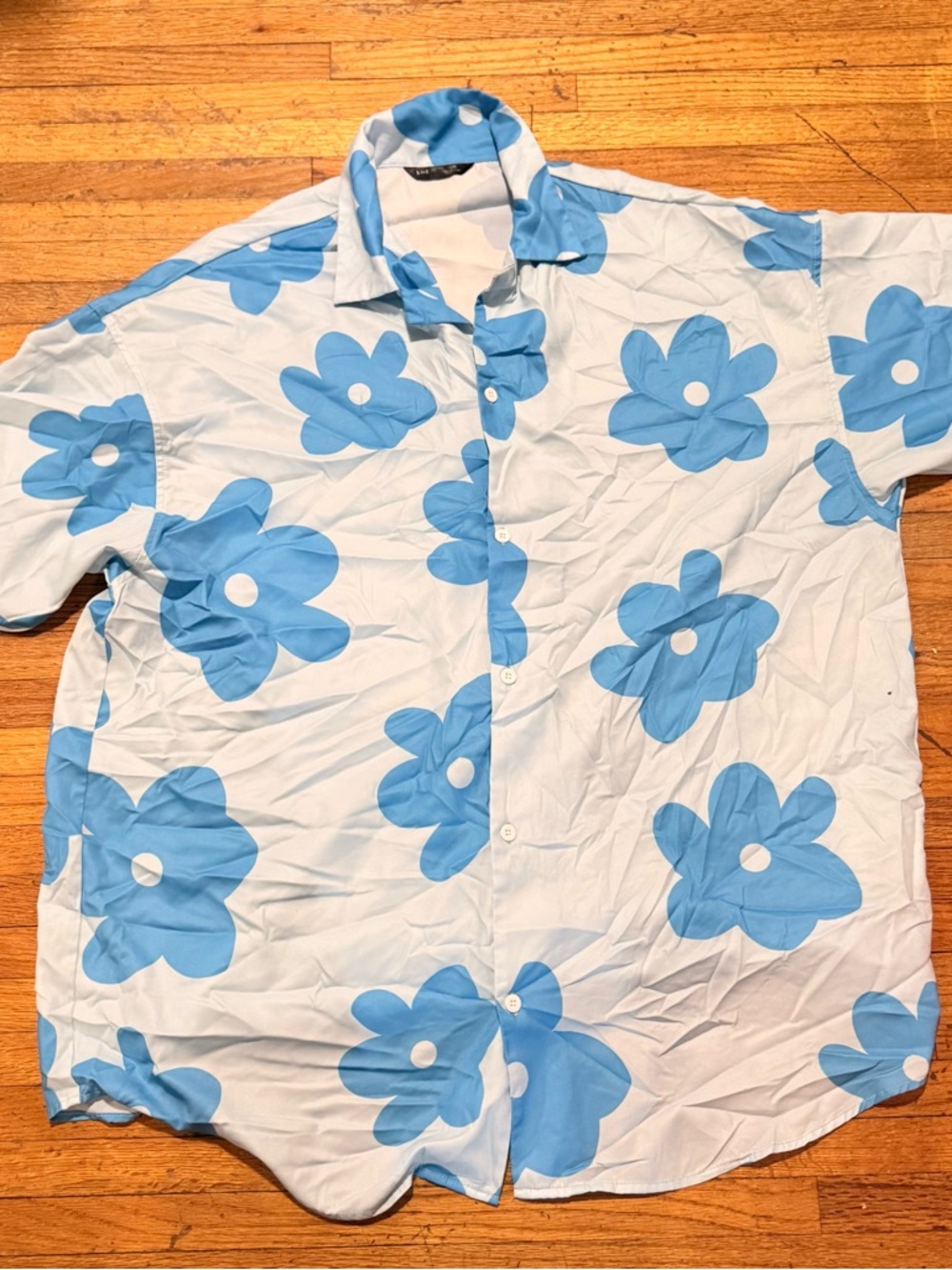 SHEIN White Button-Down Shirt with Light Blue Floral Print